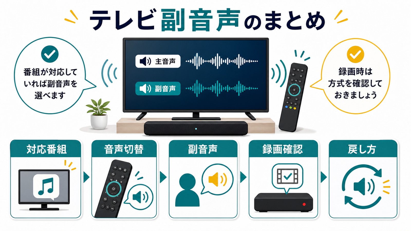 テレビ副音声で対応番組音声切替副音声録画確認戻し方を順に確認するまとめ図解