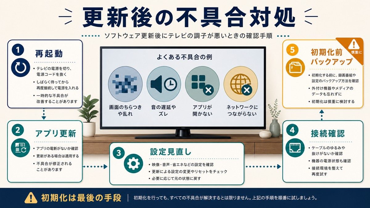 テレビのアップデート後に重い、音ずれ、アプリ不具合、ネットワーク不具合が起きた時の対処順を整理した図解