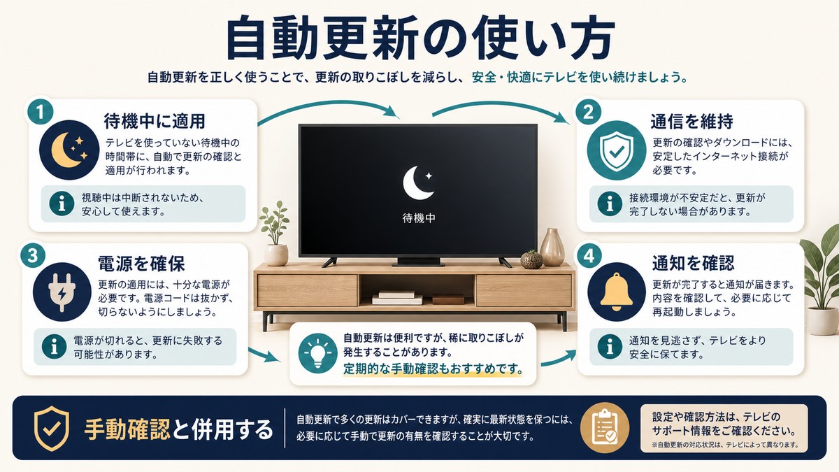 テレビの自動更新を待機中の適用、通信維持、電源確保、通知確認、手動確認との併用で使う図解
