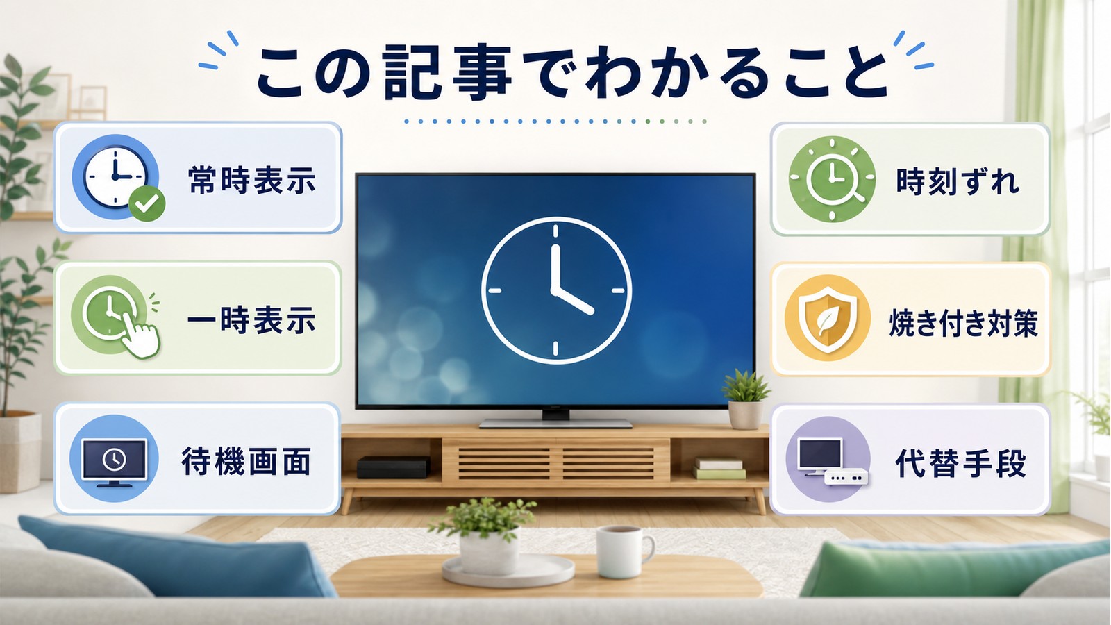 テレビの時計表示で常時表示一時表示待機画面時刻ずれ焼き付き対策代替手段を整理した図解