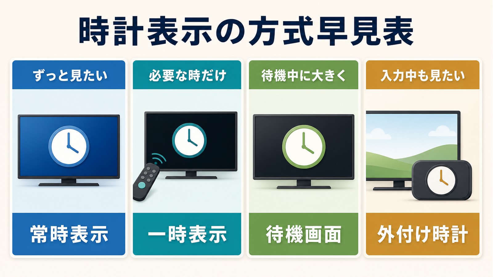 テレビの時計表示でずっと見たい必要な時だけ待機中に大きく入力中も見たい場合の方式を整理した図解