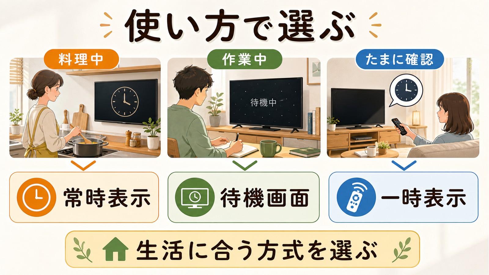 テレビの時計表示で料理中作業中たまに確認する使い方に合わせて常時表示待機画面一時表示を選ぶ図解