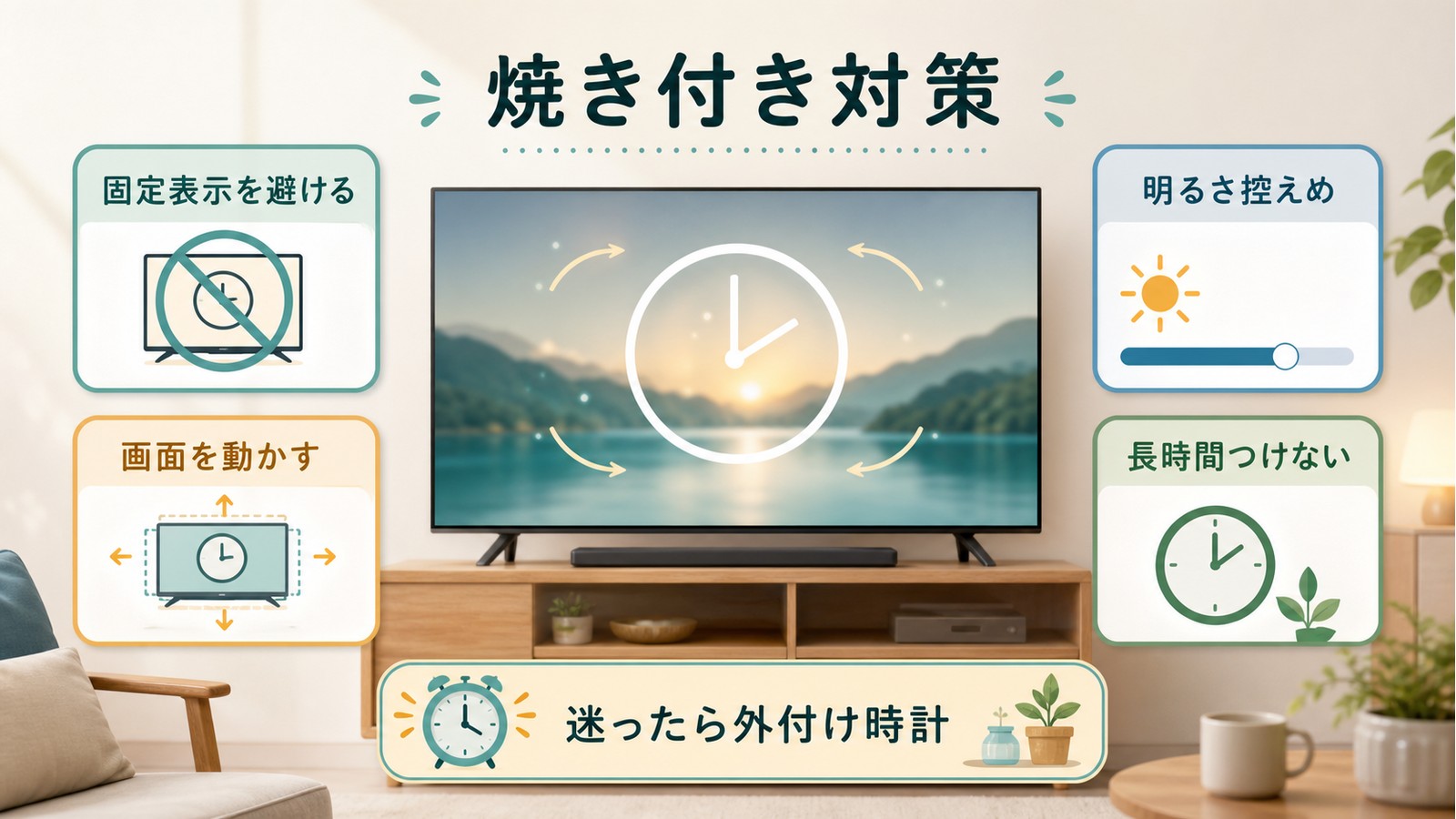 有機ELテレビで時計表示する時に固定表示を避け画面を動かし明るさを控え長時間つけない対策を整理した図解