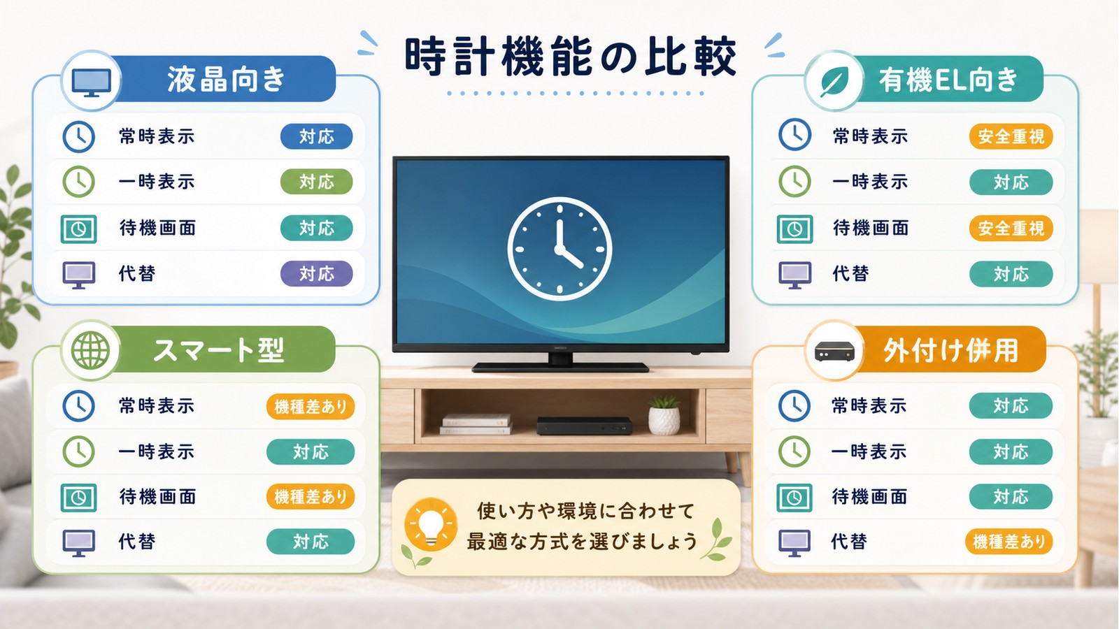 テレビ時計機能の比較で液晶向き有機EL向きスマート型外付け併用の常時表示一時表示待機画面代替を整理した図解