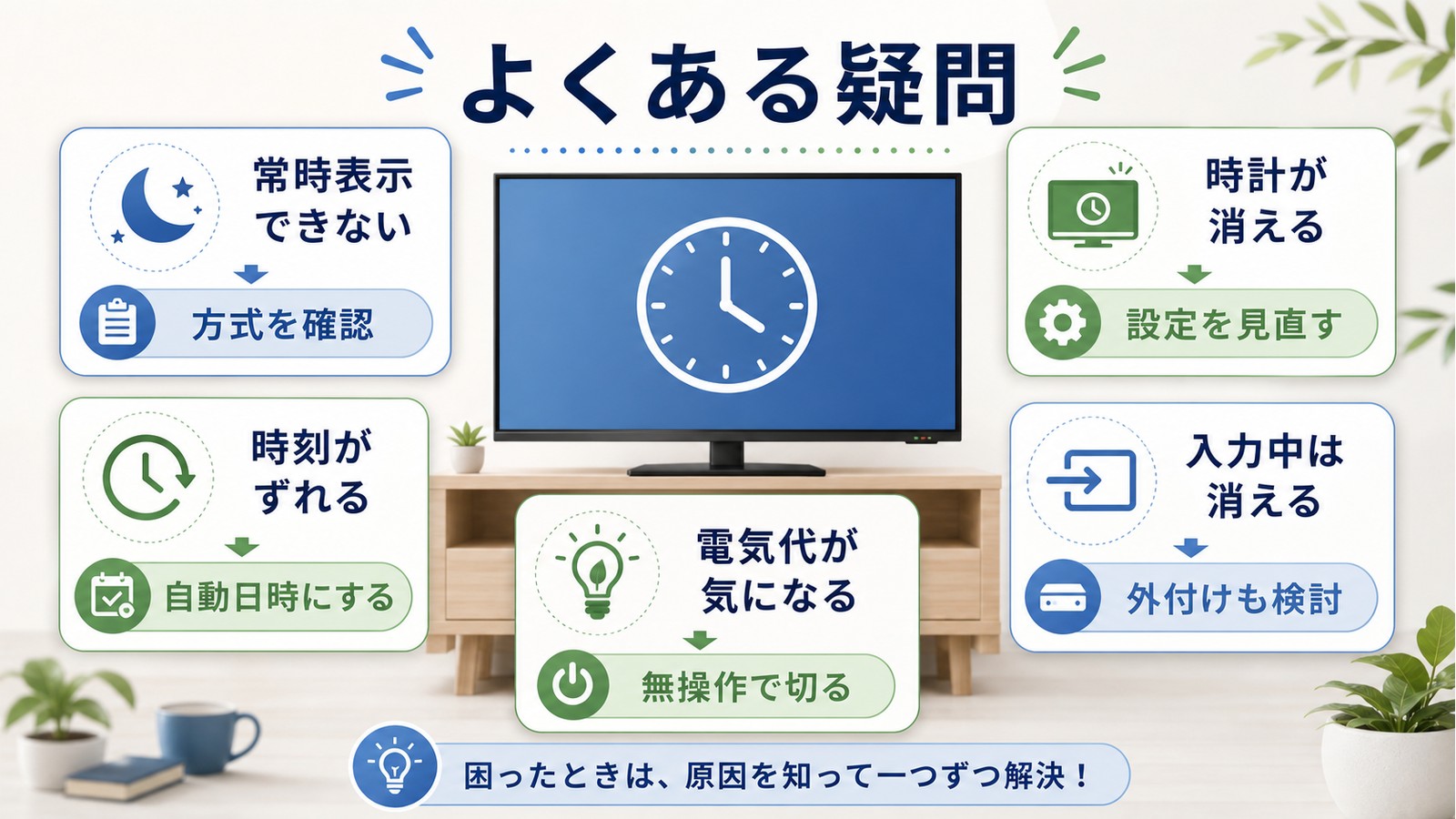 テレビ時計表示で常時表示できない時計が消える時刻がずれる入力中は消える電気代が気になる疑問を整理した図解