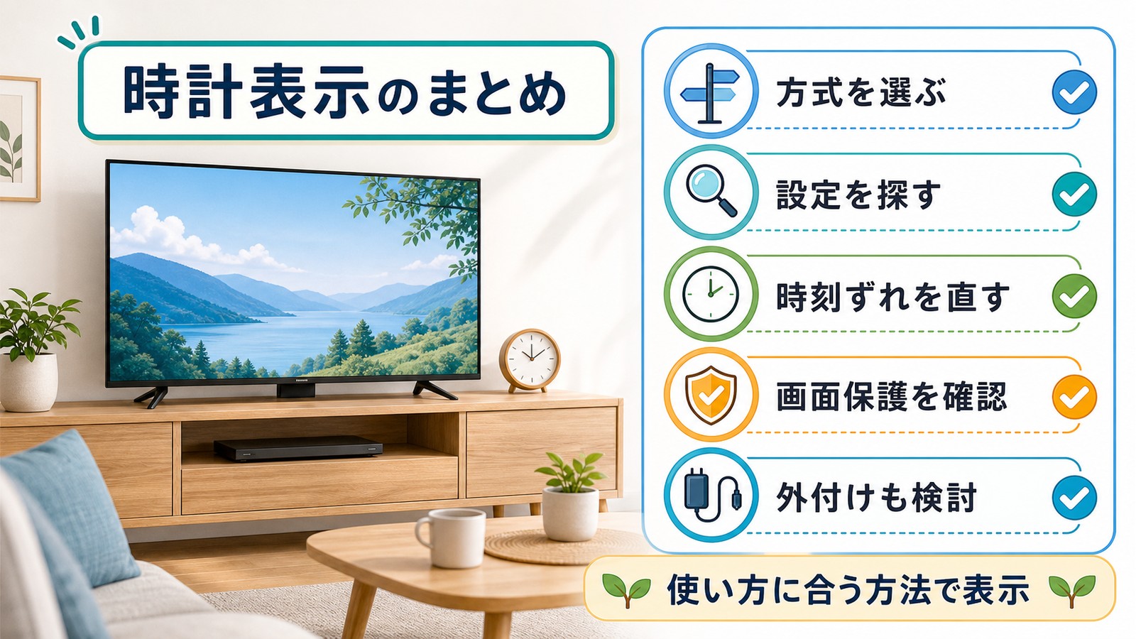 テレビ時計表示で方式を選び設定を探し時刻ずれを直し画面保護を確認し外付けも検討するまとめ図解