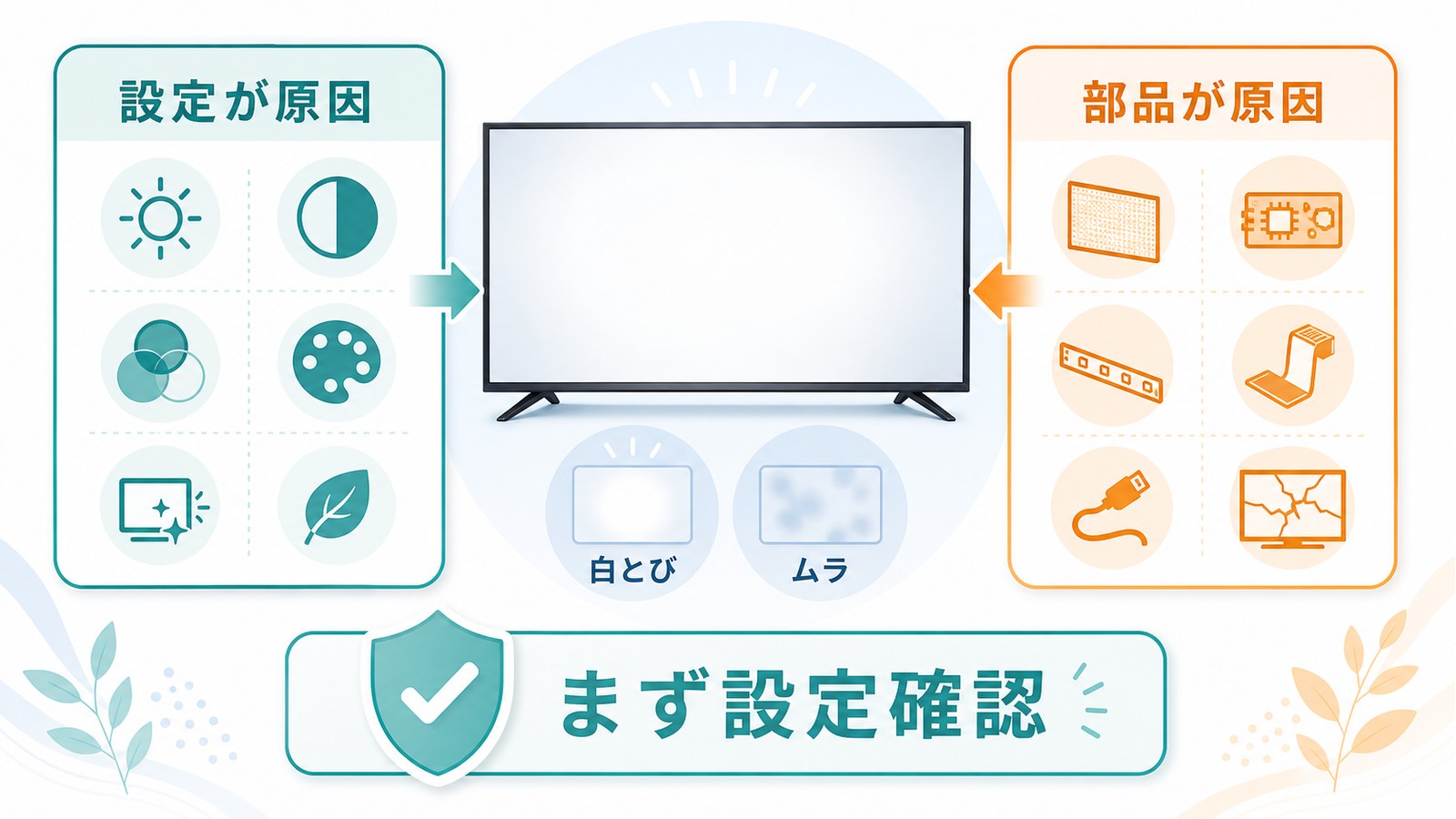 テレビ画面が白っぽい時に設定が原因か部品が原因かを分けてまず設定を確認する図解