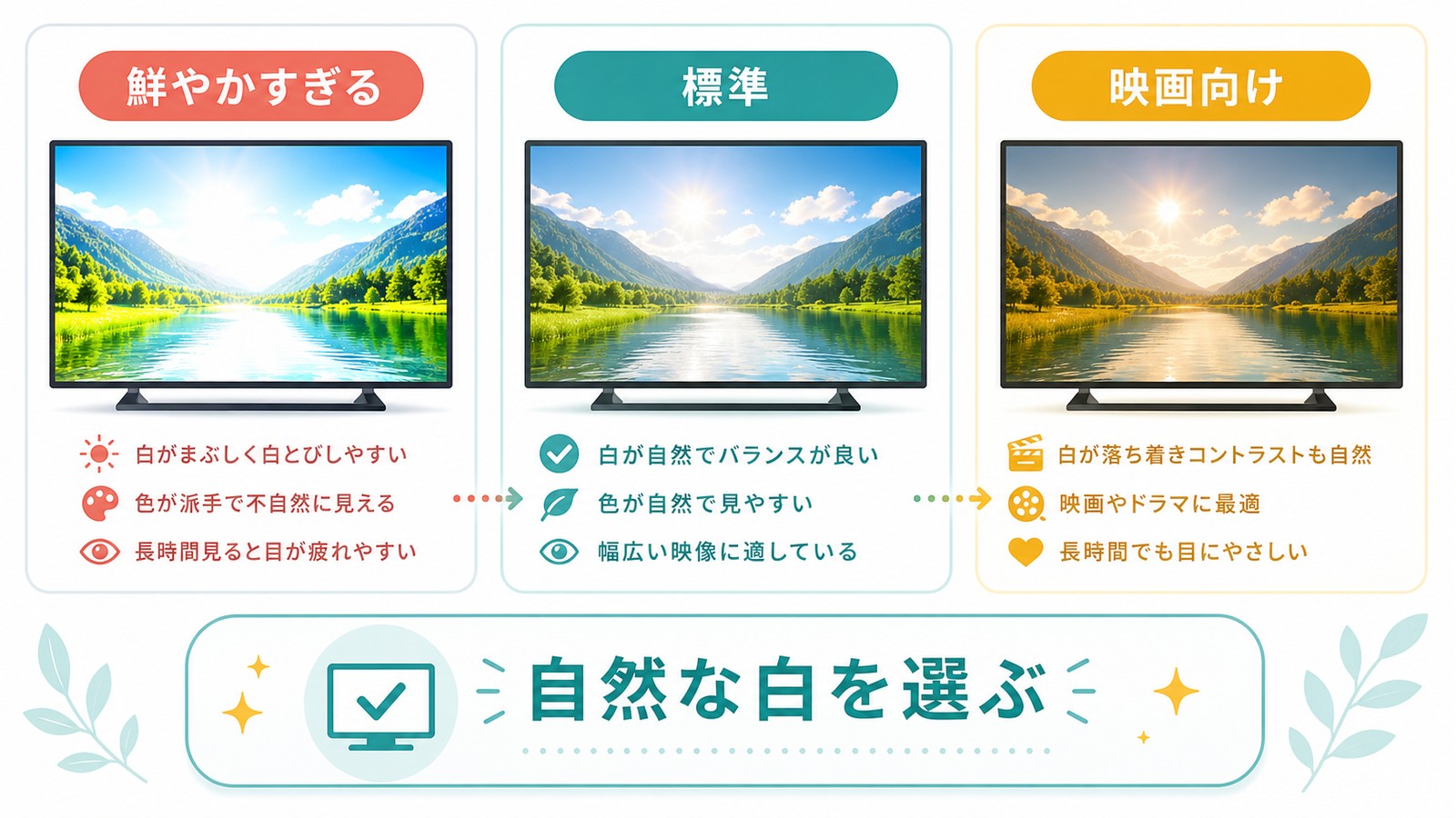 鮮やかすぎる画質より標準や映画向けで自然な白を選ぶ比較図解
