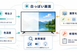 テレビ画面が白っぽい明るすぎる時に明るさ画質モード色温度故障確認修理判断を順番に確認するアイキャッチ