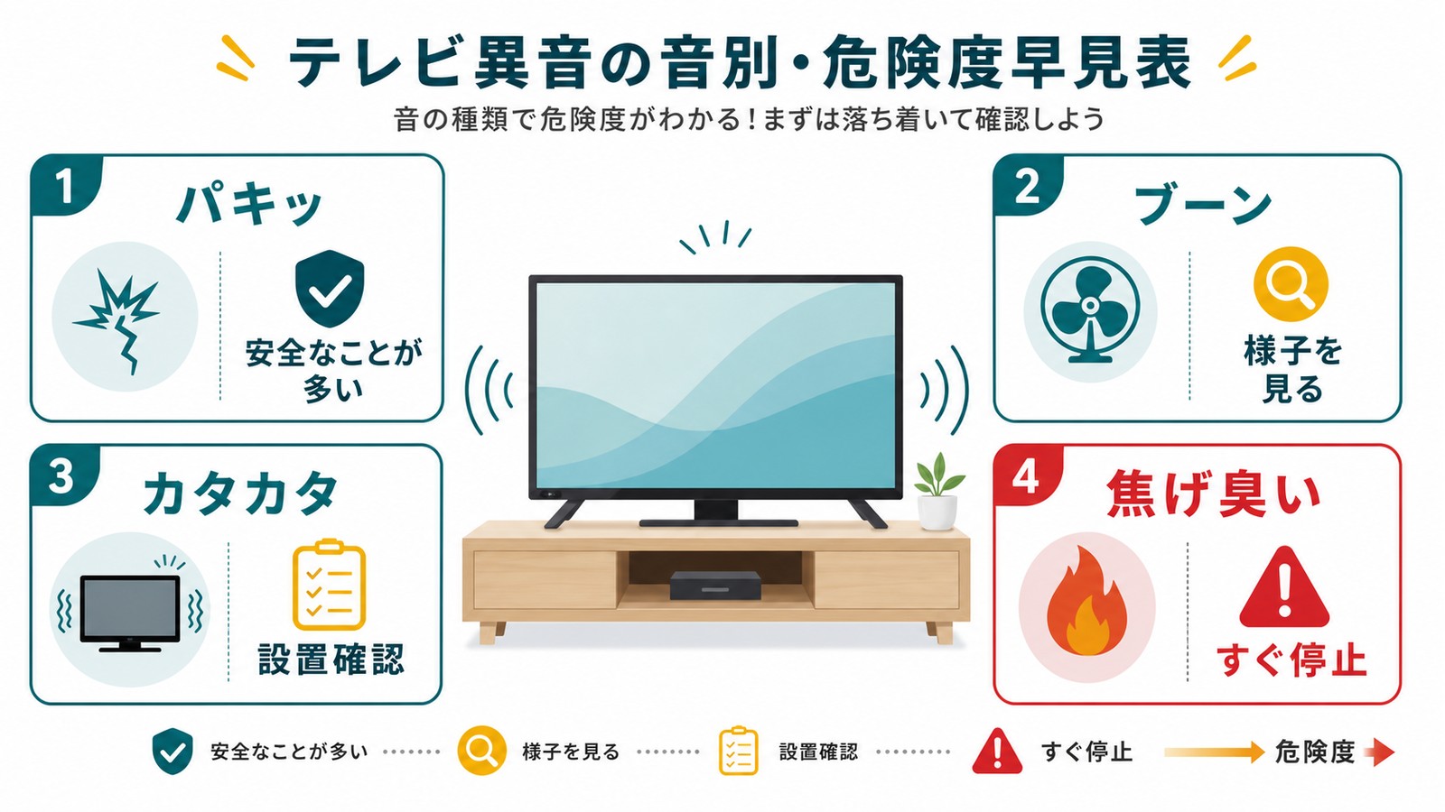 テレビ異音をパキッブーンカタカタ焦げ臭いに分けて危険度を整理した早見表図解