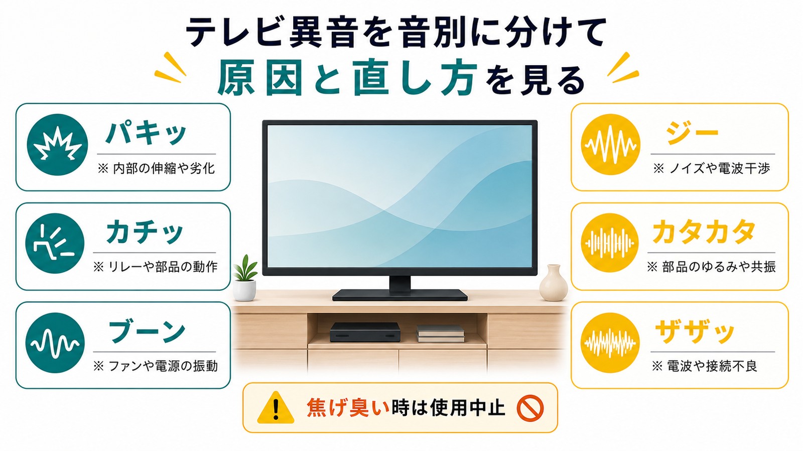 テレビ異音をパキッカチッブーンジーカタカタザザッ焦げ臭いに分けて原因を確認する図解