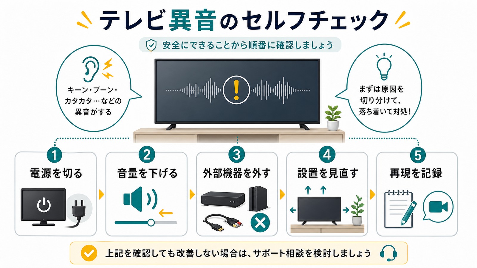 テレビ異音で電源を切る音量を下げる外部機器を外す設置を見直す再現を記録する図解