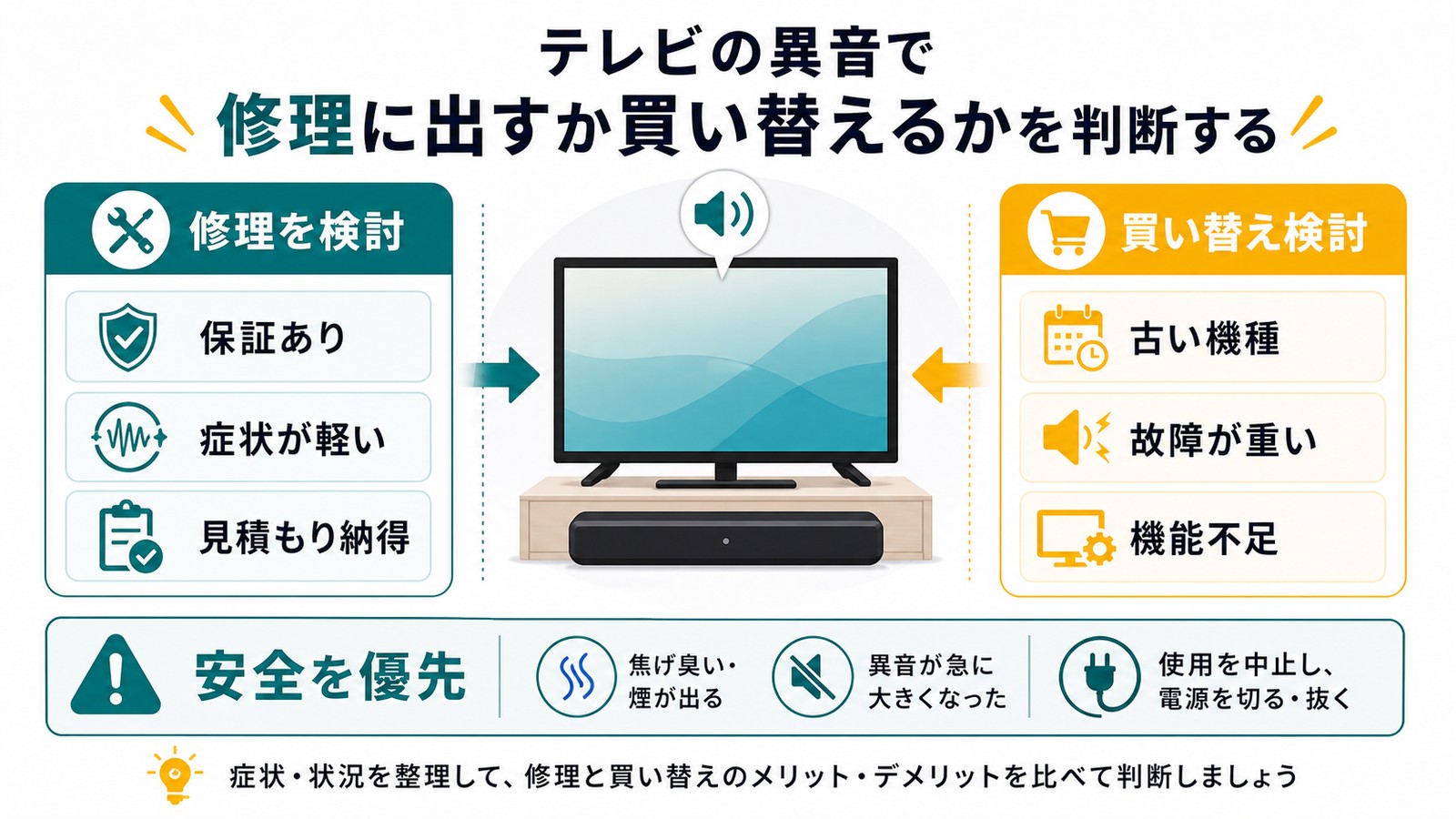 テレビ異音で保証あり症状が軽い見積もり納得なら修理古い機種故障が重い機能不足なら買い替えを検討する図解