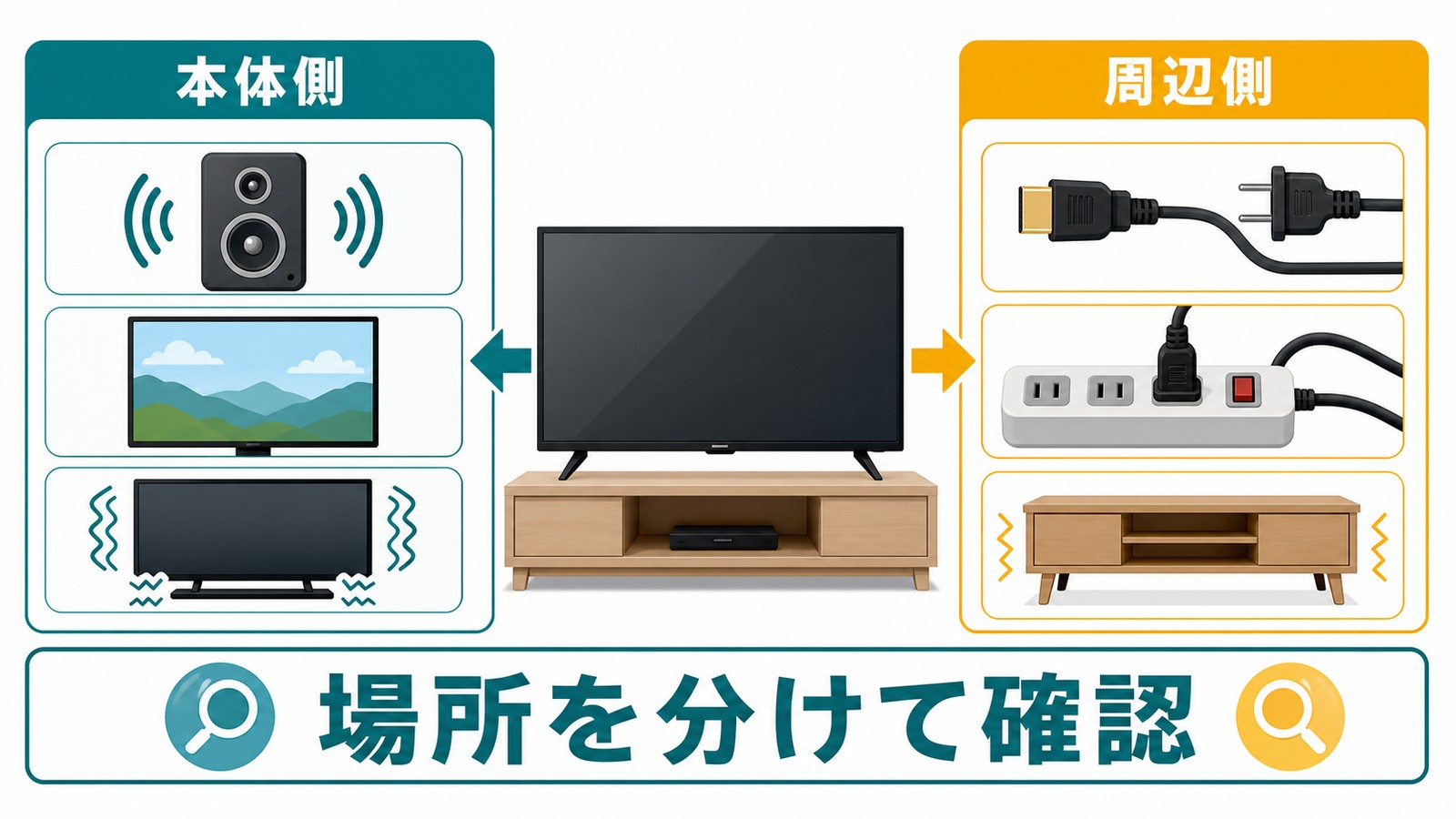 テレビ異音で本体側と周辺側を分けてケーブル電源タップ設置台外部機器を確認する図解