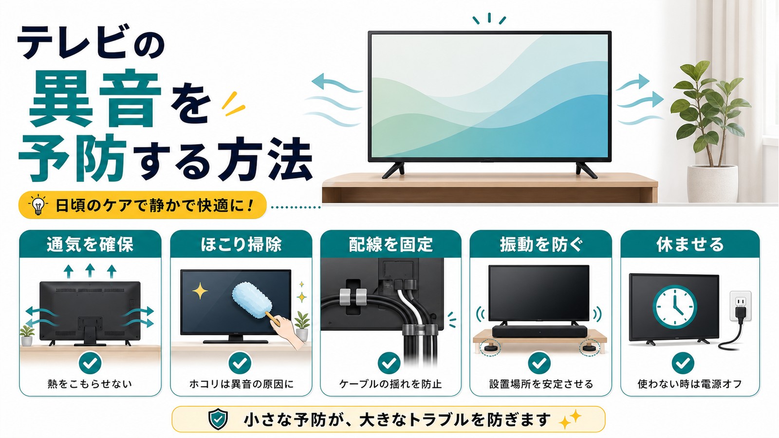 テレビ異音を予防するために通気を確保しほこりを掃除し配線を固定し振動を防ぎ休ませる図解