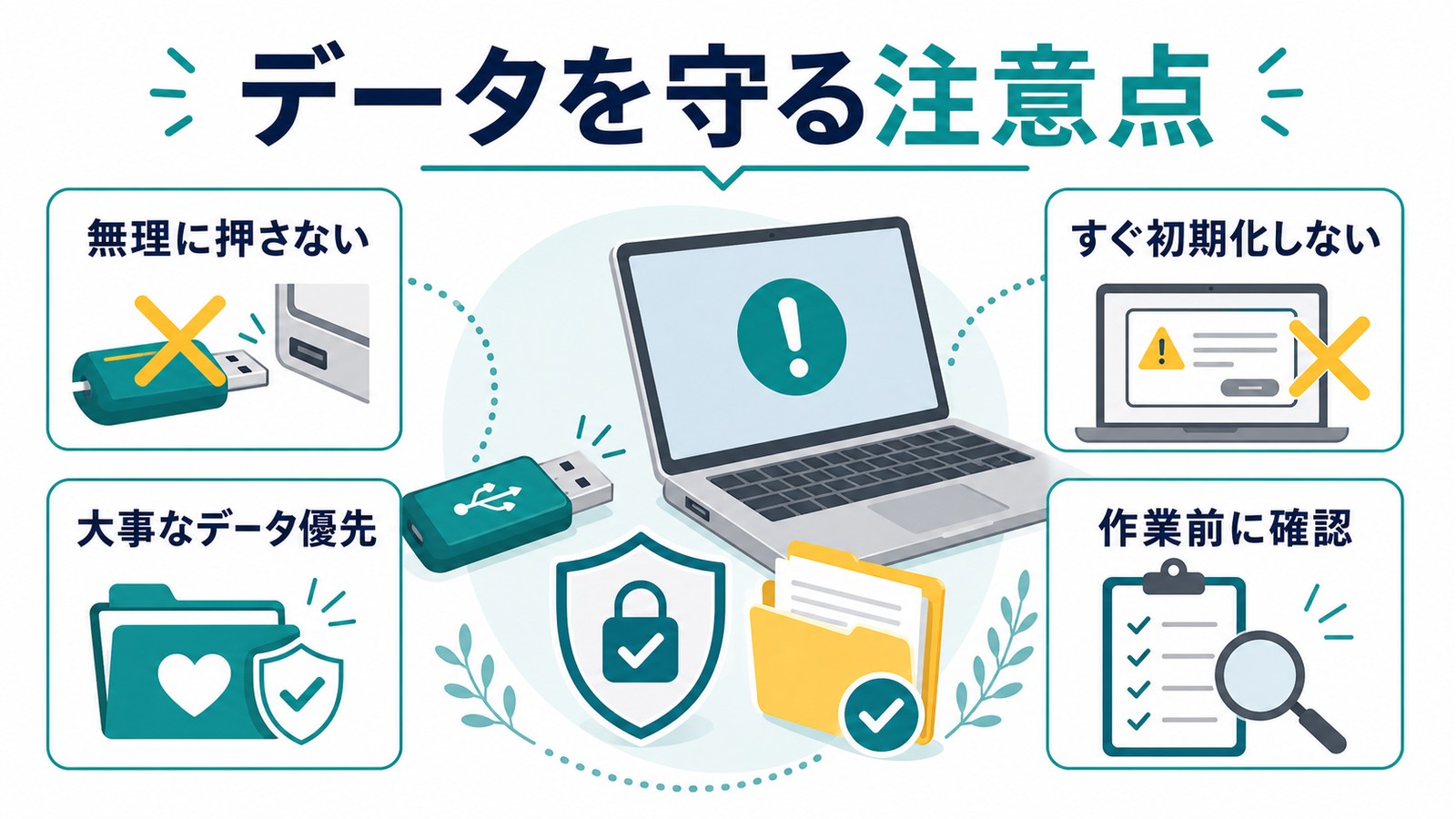 USBが認識されない時に無理に押さないすぐ初期化しない大事なデータを優先する作業前に確認する注意点図解