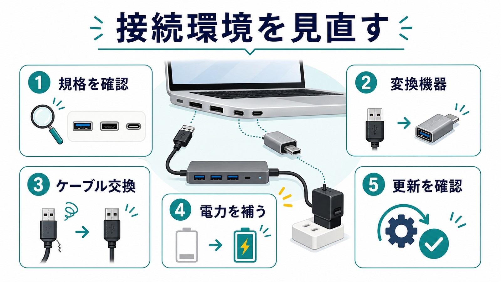USBが認識されない時に規格確認変換機器ケーブル交換電力補助更新確認で接続環境を見直す図解