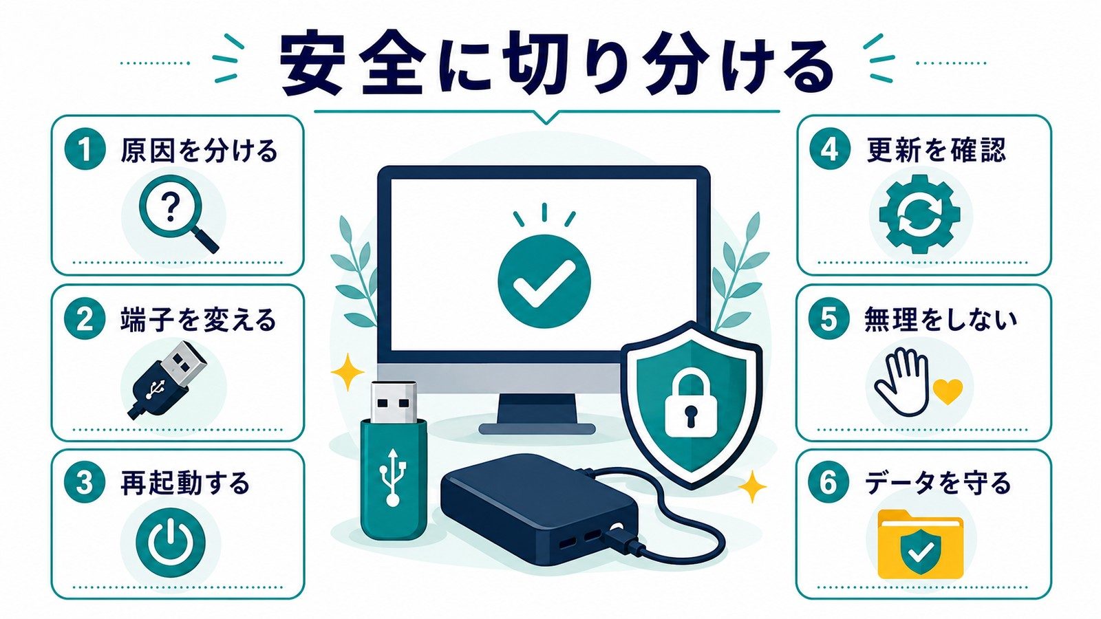 USBが認識されない時に原因を分ける端子を変える再起動する更新を確認する無理をしないデータを守る流れの図解