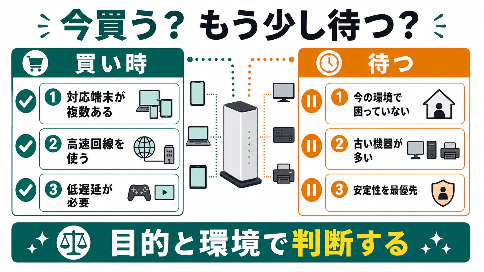 Wi-Fi 7ルーターを今買うべきケースと待つべきケースを比較した判断基準の図