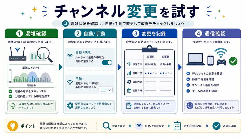 混雑確認、自動手動設定、変更記録、通信確認を整理した日本語図解