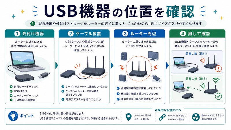 外付け機器、ケーブル位置、ルーター周辺、離して確認を整理した日本語図解