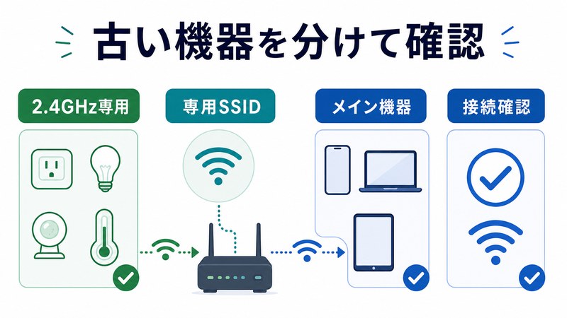 2.4GHz専用機器、メイン機器、専用SSID、接続確認を整理した日本語図解