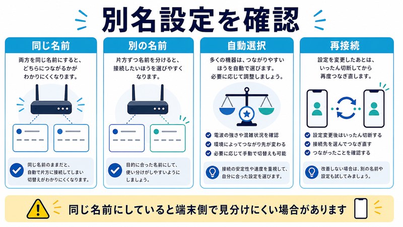 同じ名前、別の名前、自動選択、再接続を整理した日本語図解