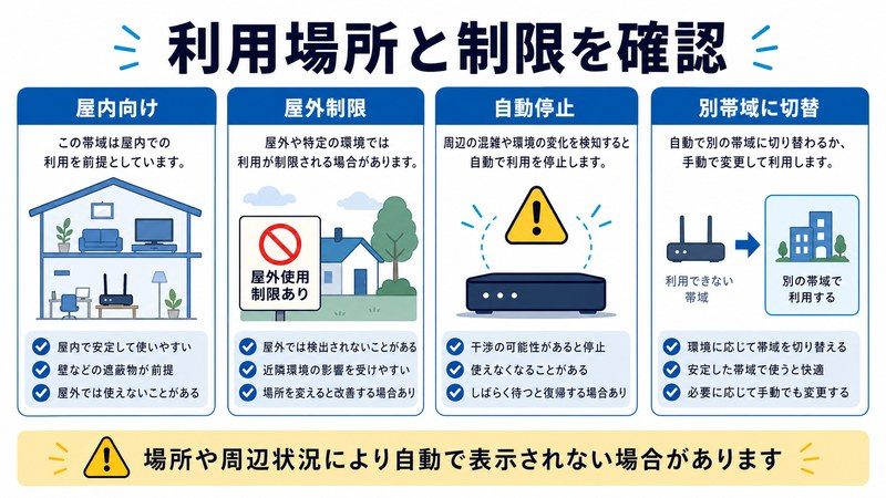 屋内向け、屋外制限、自動停止、別帯域への切替を整理した日本語図解