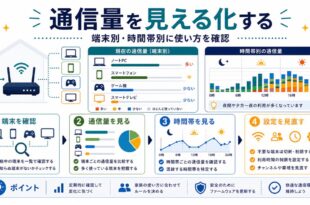 端末確認、通信量確認、時間帯確認、設定見直しを整理した日本語アイキャッチ画像