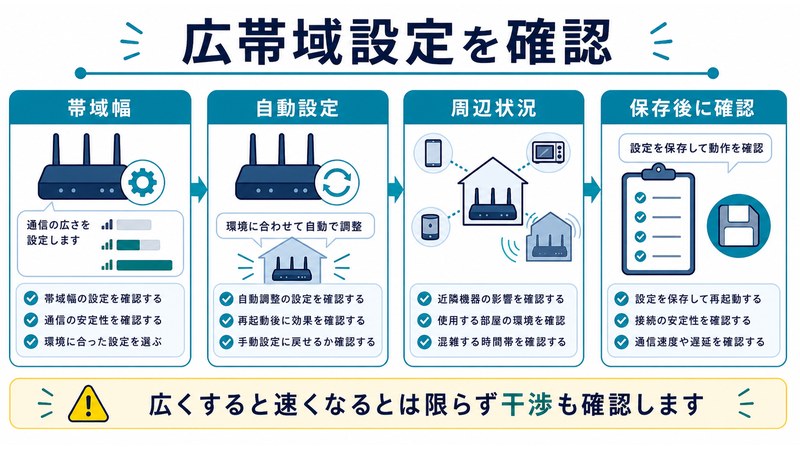 帯域幅、自動設定、周辺状況、保存後確認を整理した日本語図解