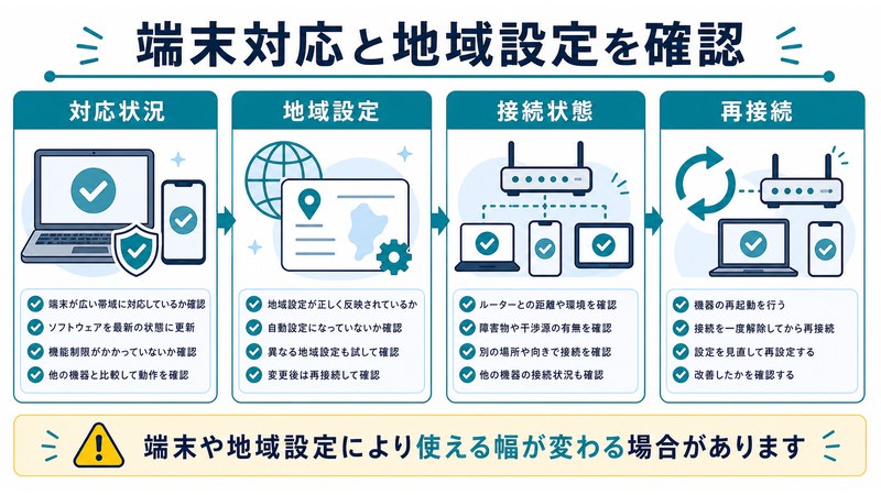 対応状況、地域設定、接続状態、再接続を整理した日本語図解