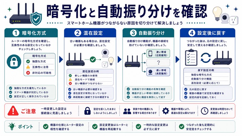 暗号化方式、混在設定、自動振り分け、設定後の戻し確認を整理した日本語図解