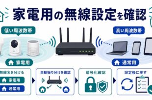 低い周波数帯、無線名分離、自動振り分け確認、暗号化確認を整理した日本語アイキャッチ画像