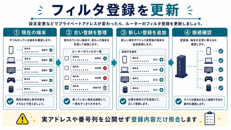現在の端末、古い登録整理、新しい登録追加、接続確認を整理した日本語図解