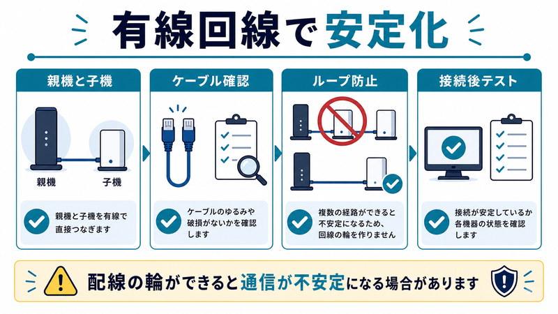 親機と子機、ケーブル確認、ループ防止、接続後テストを整理した日本語図解