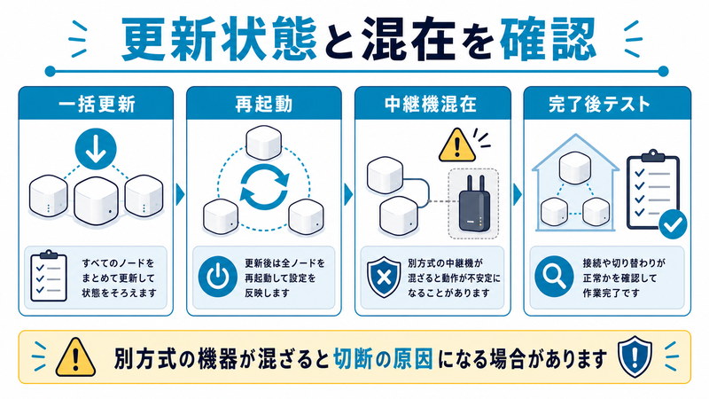 一括更新、再起動、中継機混在、完了後テストを整理した日本語図解
