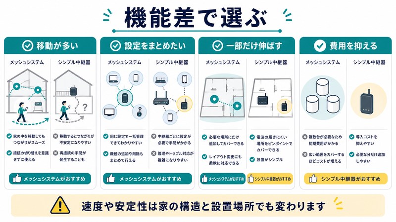 移動が多い、設定をまとめたい、一部だけ伸ばす、費用を抑えるを整理した日本語図解