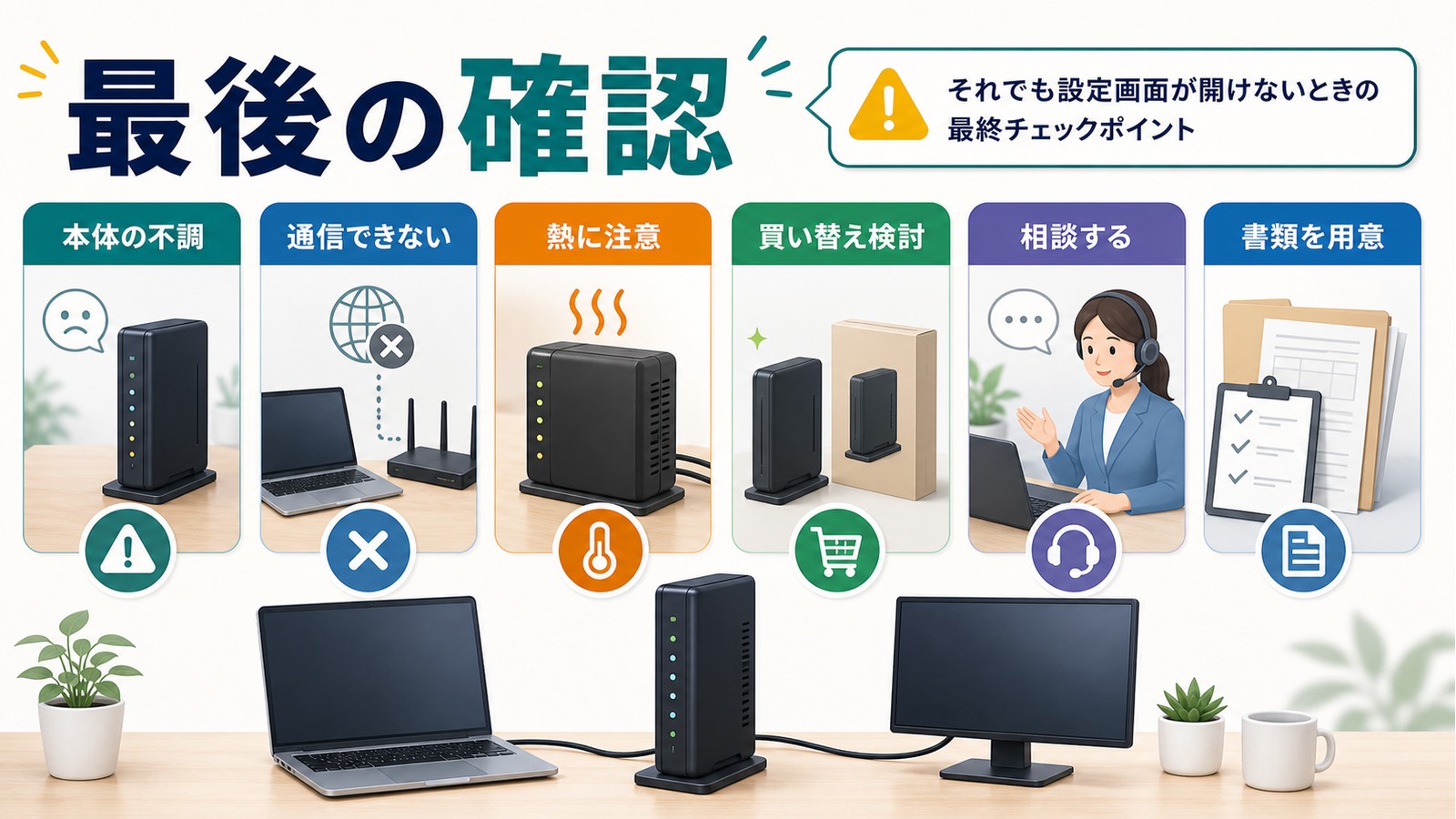 本体不調通信できない熱に注意買い替え検討相談する書類を用意する最終確認の図解