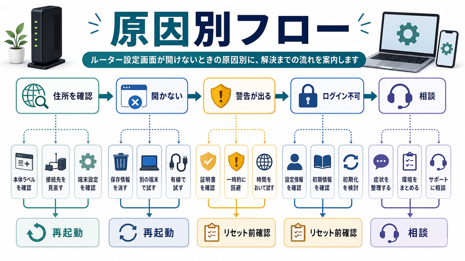 住所確認画面が開かない警告が出るログイン不可相談までの原因別フローチャート図解