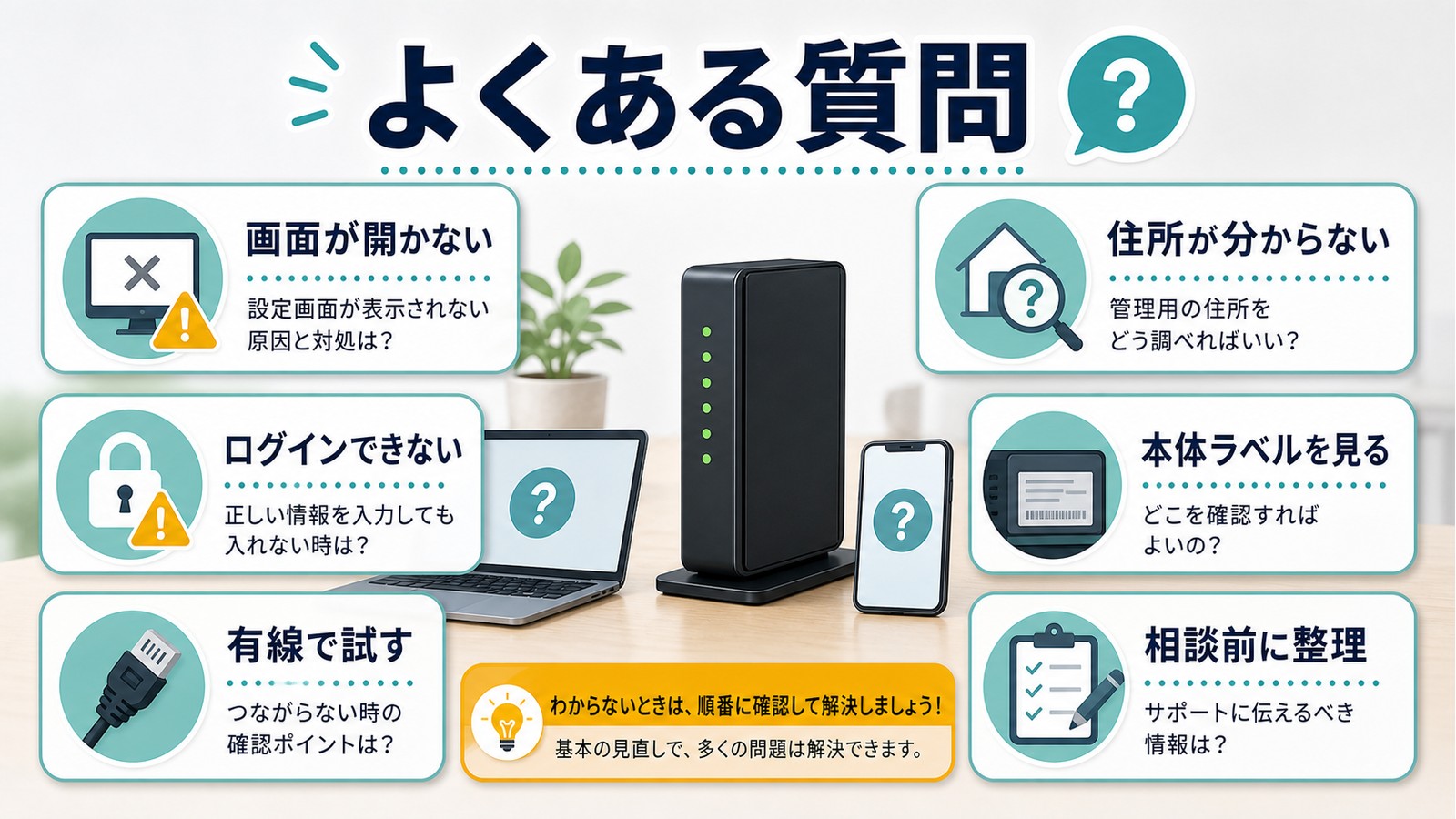 画面が開かない住所が分からないログインできない有線で試す本体ラベル相談前準備を整理した図解
