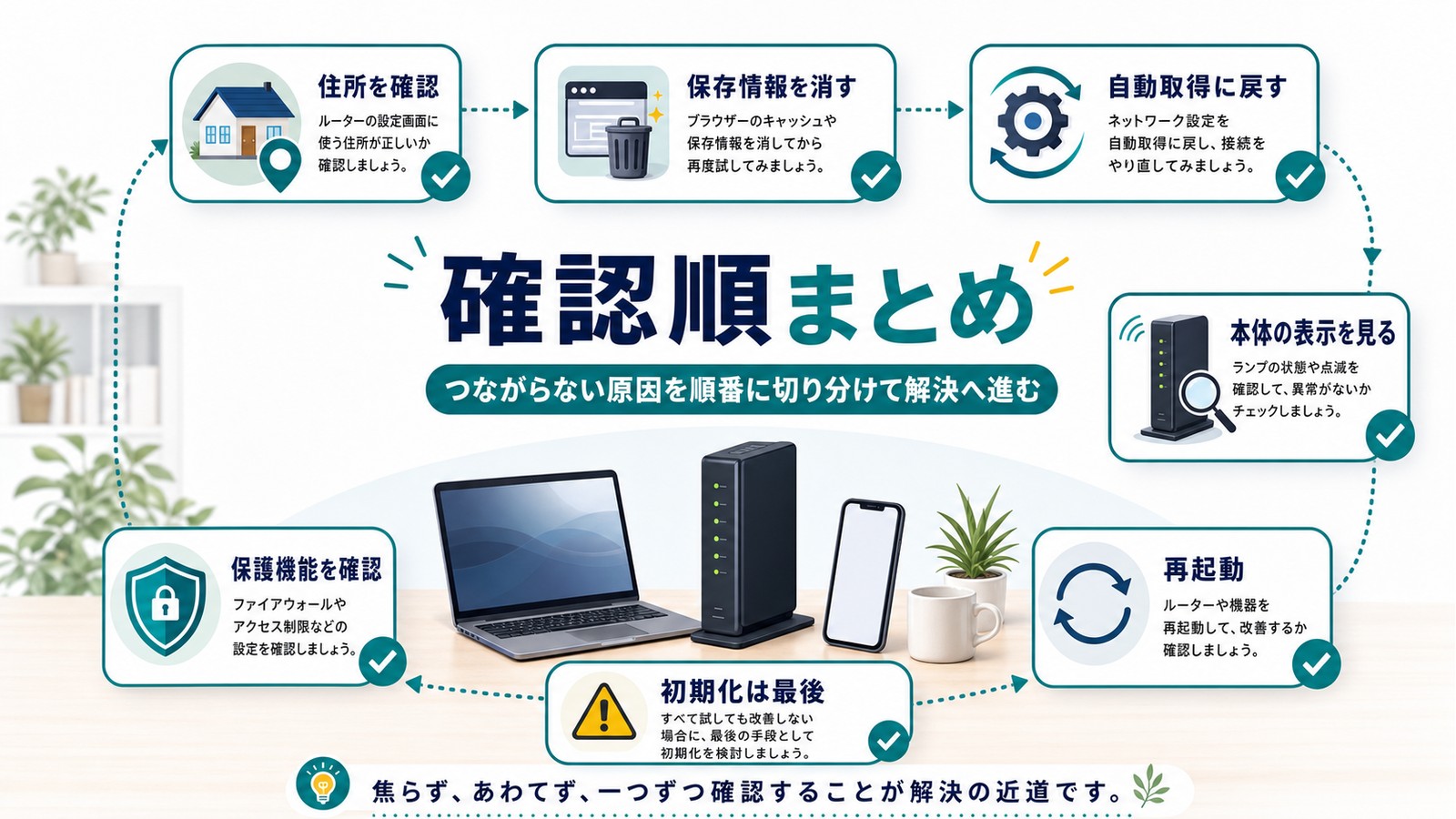 住所確認保存情報削除自動取得本体表示再起動初期化は最後保護機能確認を整理した図解