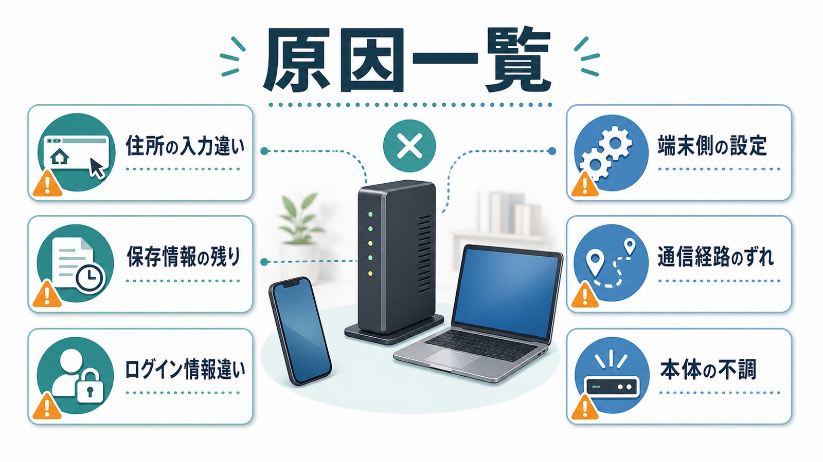 住所の入力違い保存情報の残りログイン情報違い端末側の設定通信経路本体不調を整理した図解