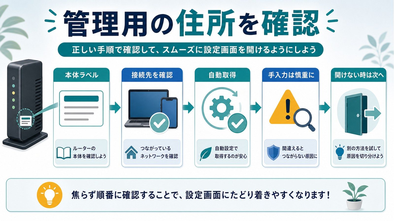本体ラベル接続先自動取得手入力の確認から管理用の住所を調べる手順を整理した図解