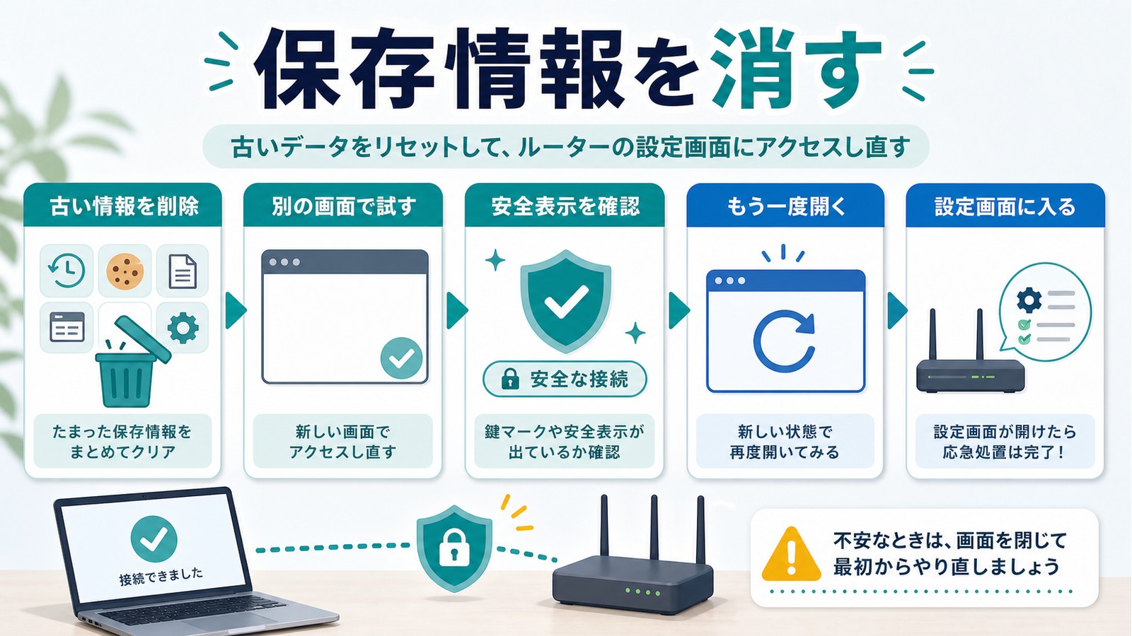 古い保存情報を削除し別画面で試し安全表示を確認して再読込する流れを整理した図解