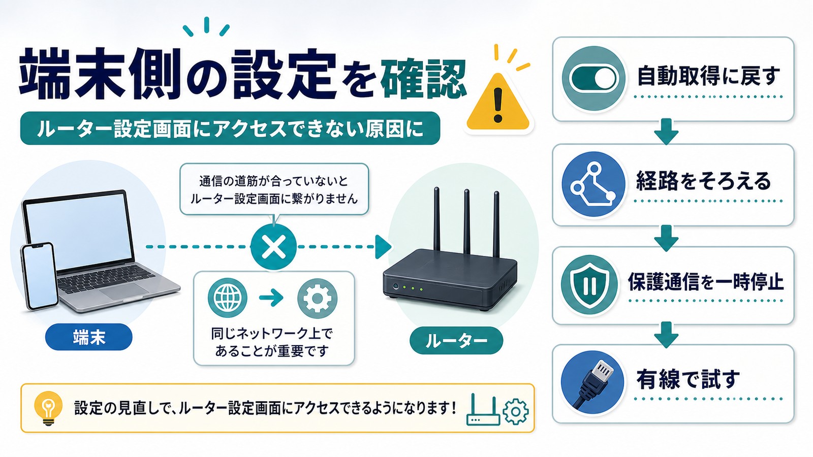 端末とルーターの接続経路自動取得保護通信有線接続を順番に見直す図解