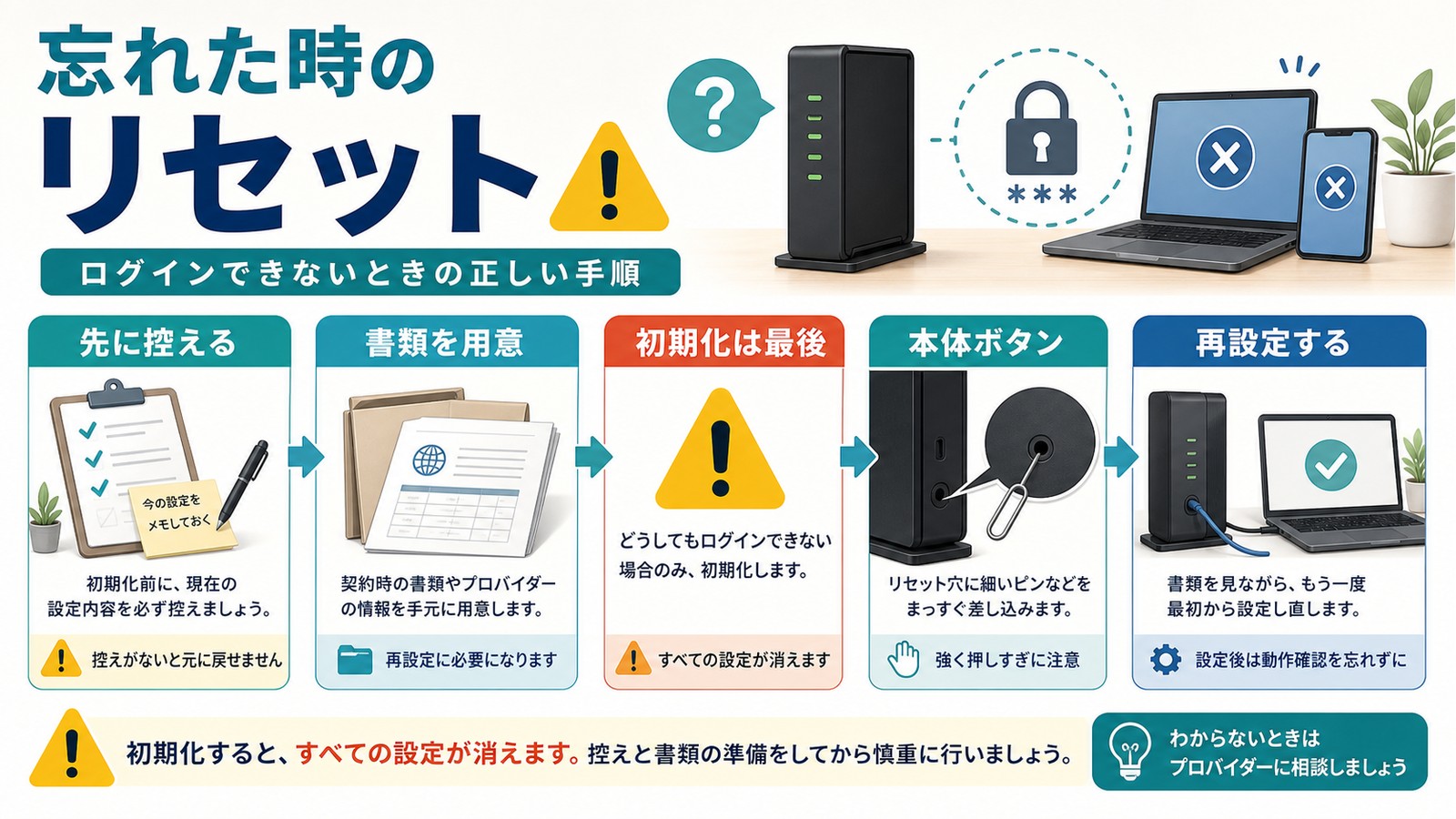 ログインできない時に控えを用意し契約書類を確認し初期化を最後に行う手順を整理した図解