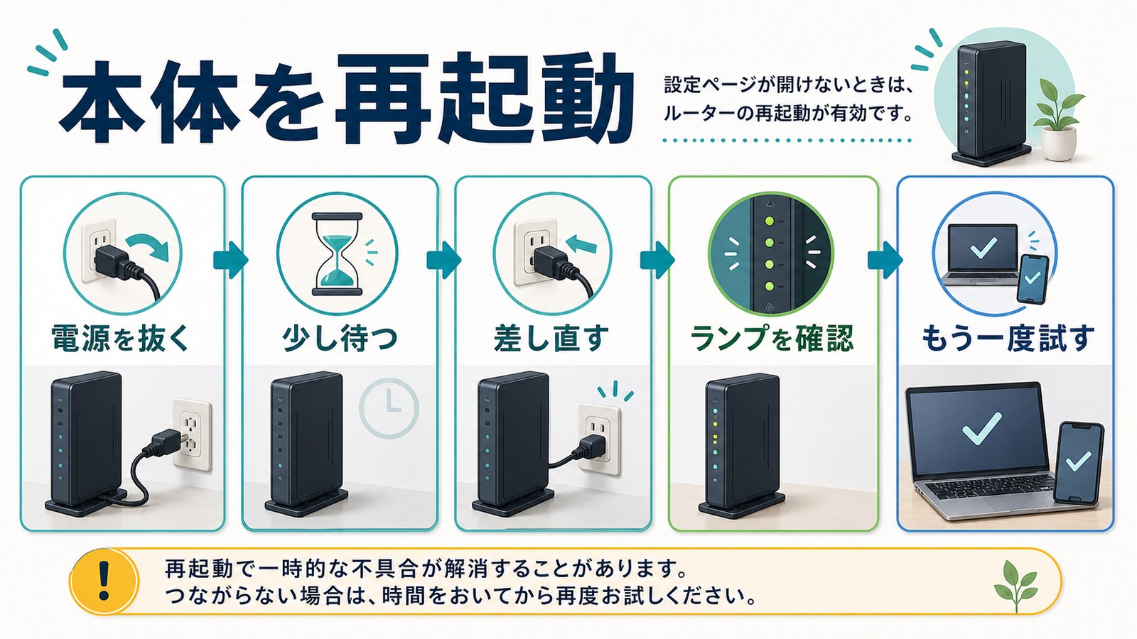 電源を抜き少し待って差し直しランプを確認してもう一度試す再起動手順の図解