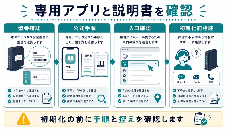 型番確認、公式手順、入口確認、初期化前相談を整理した日本語図解