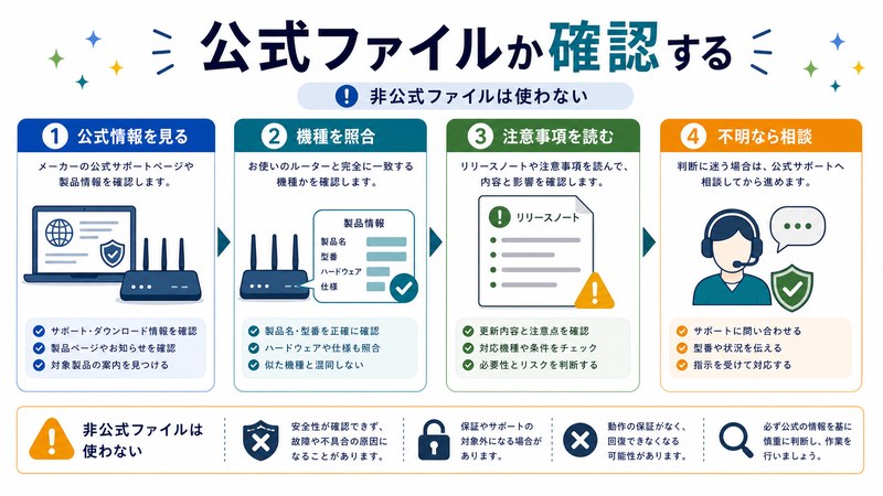公式情報確認、機種照合、注意事項確認、サポート相談を整理した日本語図解