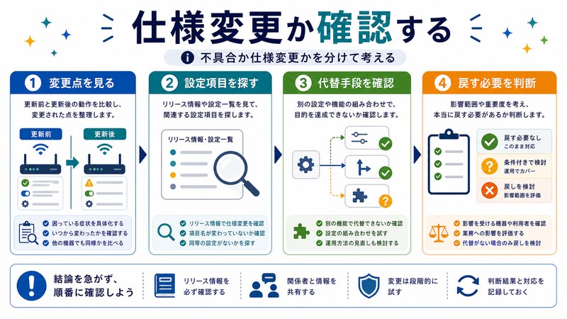 変更点確認、設定項目検索、代替手段確認、戻す必要判断を整理した日本語図解